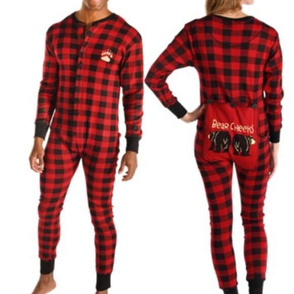 Lazy One Unisex Bear Cheeks FlapJack Adult Onesie Red and Black  Large - Picture 11 of 11